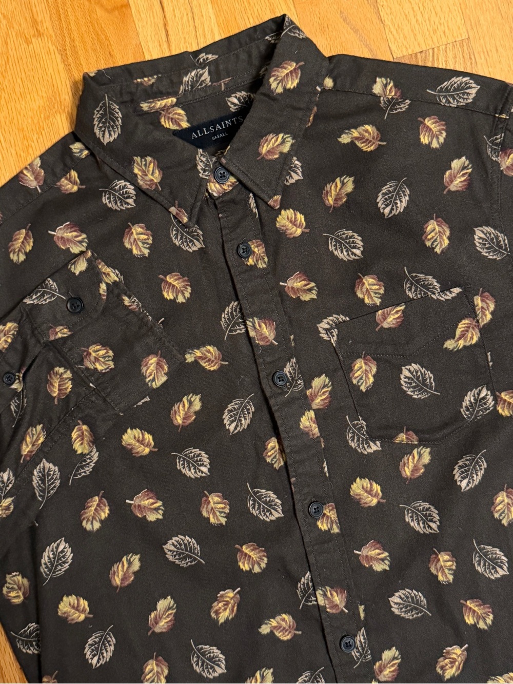 All Saints Mens Wieppe Leaf Print Shirt Brown Small Long Sleeve Button Down